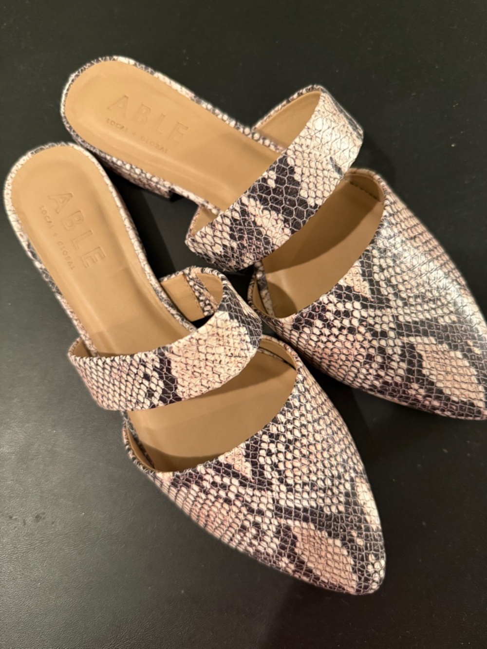Able Snake-Print Pointed Mule in Beige and Black
